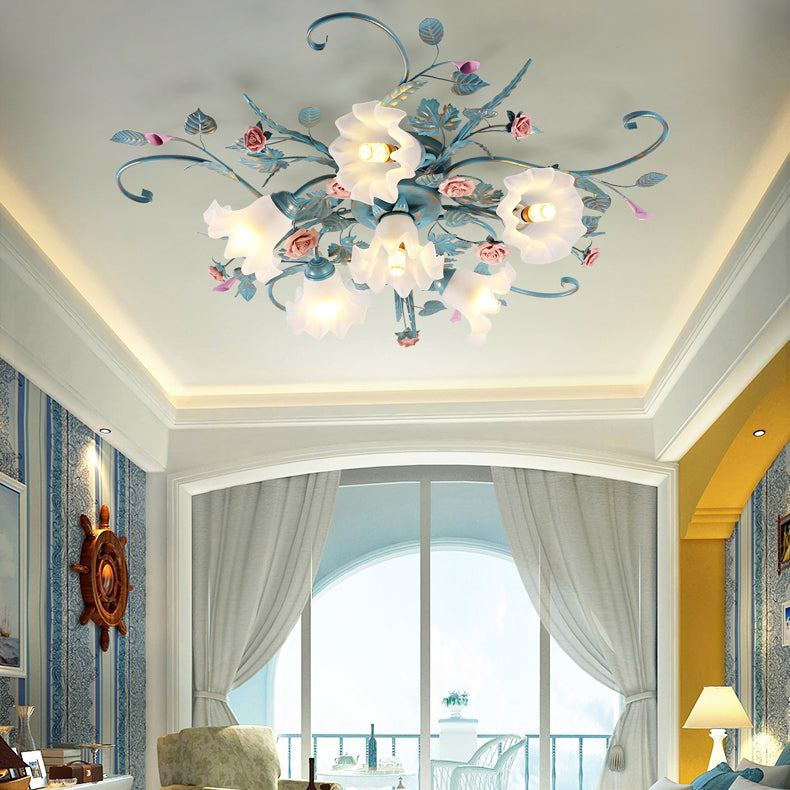 Traditional Retro Ceiling Light Glass Shade Flush Mount Light for Bedroom Living Room