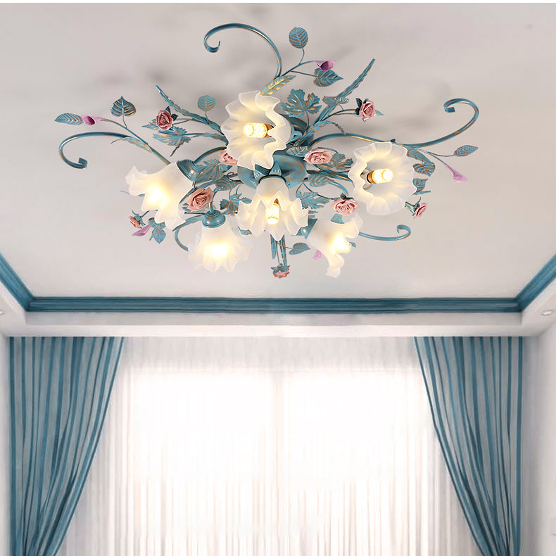 Traditional Retro Ceiling Light Glass Shade Flush Mount Light for Bedroom Living Room