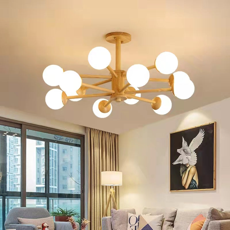 Multi Light Wood Chandelier Modern Globe Chandelier Lamp with White Glass for Living Room