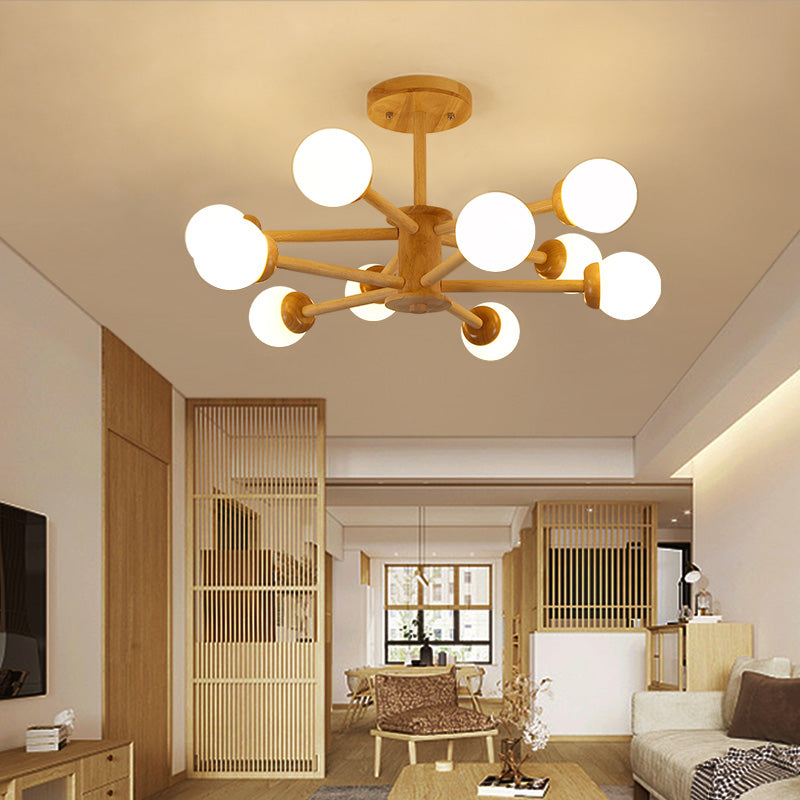 Lampada lampadario moderno a globo moderno in legno multiplo con vetro bianco per soggiorno