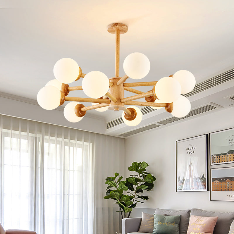 Multi Light Wood Chandelier Modern Globe Chandelier Lamp with White Glass for Living Room