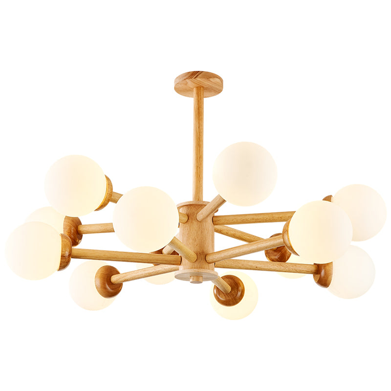 Multi Light Wood Chandelier Modern Globe Chandelier Lamp with White Glass for Living Room