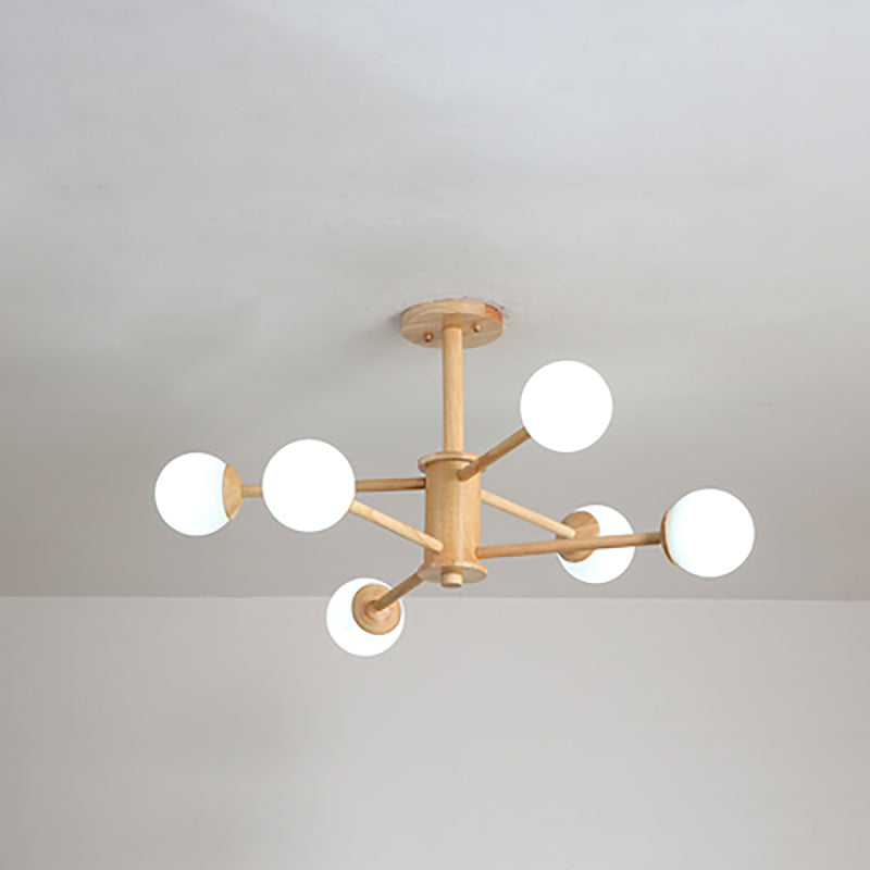 Multi Light Wood Chandelier Modern Globe Chandelier Lamp with White Glass for Living Room