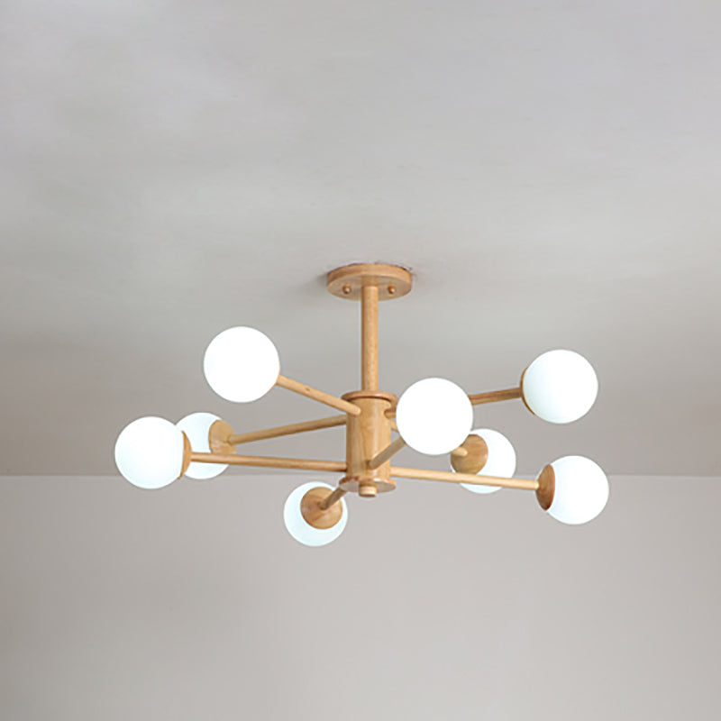 Multi Light Wood Chandelier Modern Globe Chandelier Lamp with White Glass for Living Room