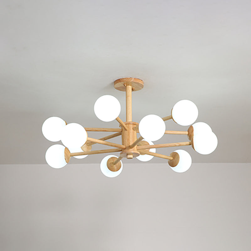 Multi Light Wood Chandelier Modern Globe Chandelier Lamp with White Glass for Living Room