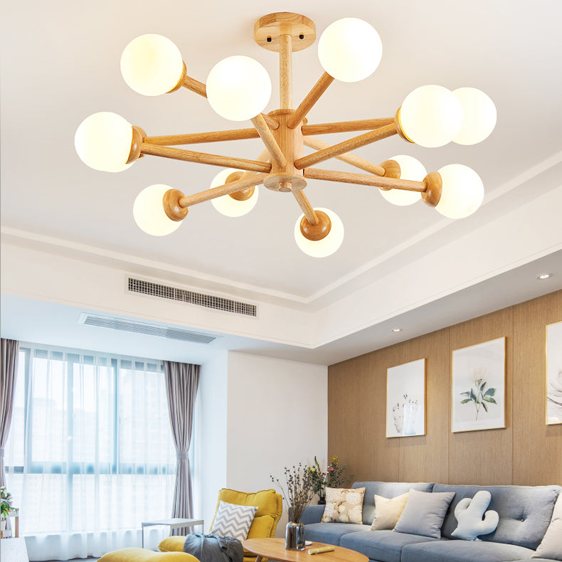 Multi Light Wood Chandelier Modern Globe Chandelier Lamp with White Glass for Living Room