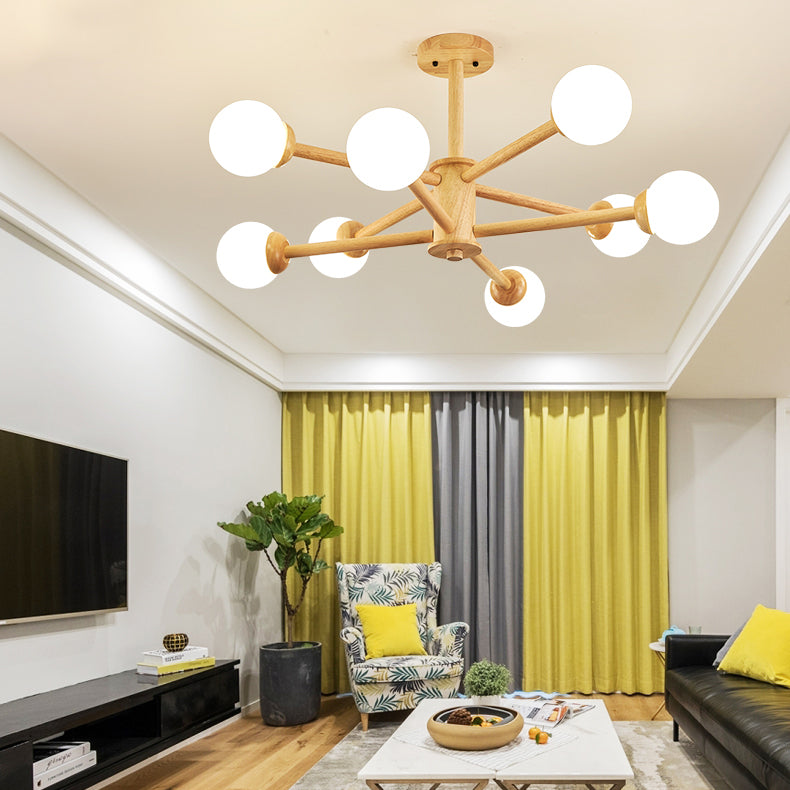 Multi Light Wood Chandelier Modern Globe Chandelier Lamp with White Glass for Living Room