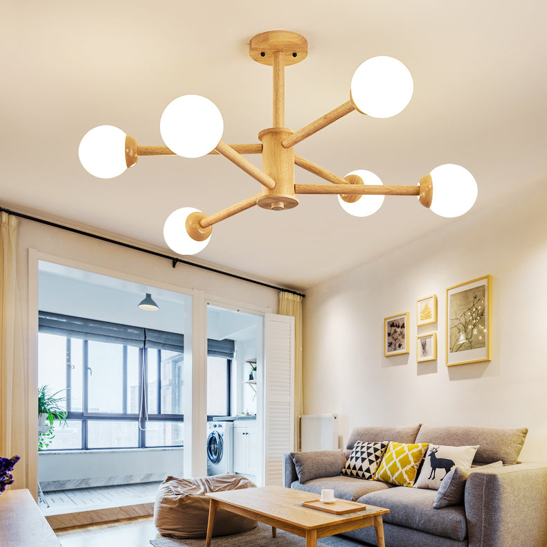 Multi Light Wood Chandelier Modern Globe Chandelier Lamp with White Glass for Living Room