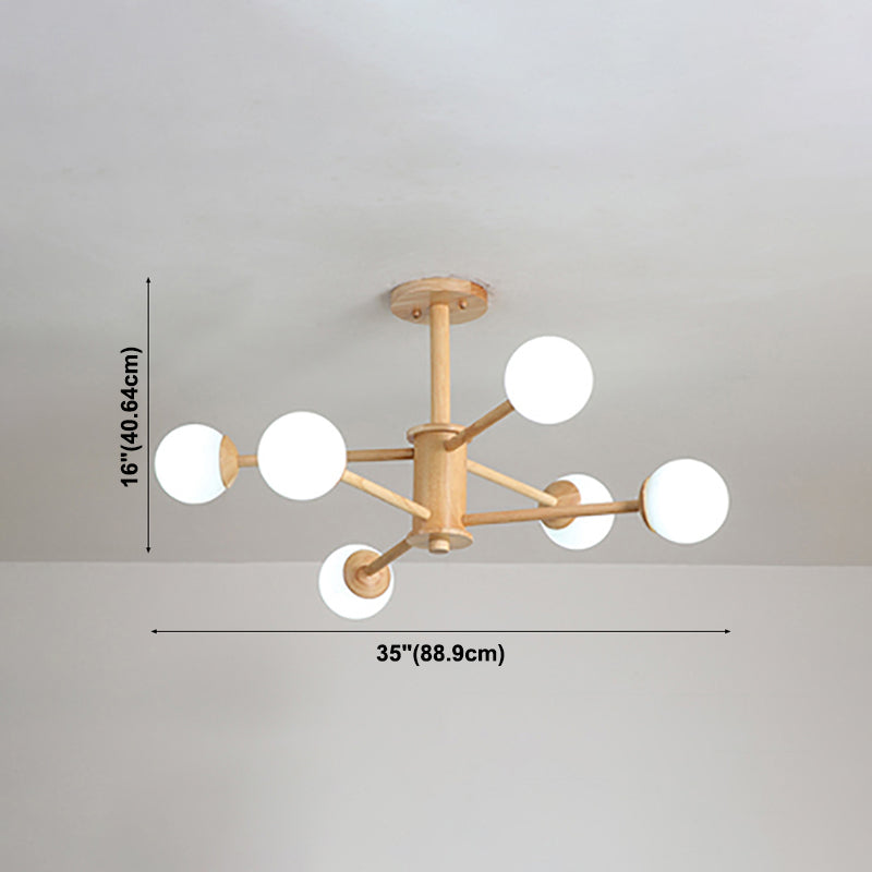 Multi Light Wood Chandelier Modern Globe Chandelier Lamp with White Glass for Living Room