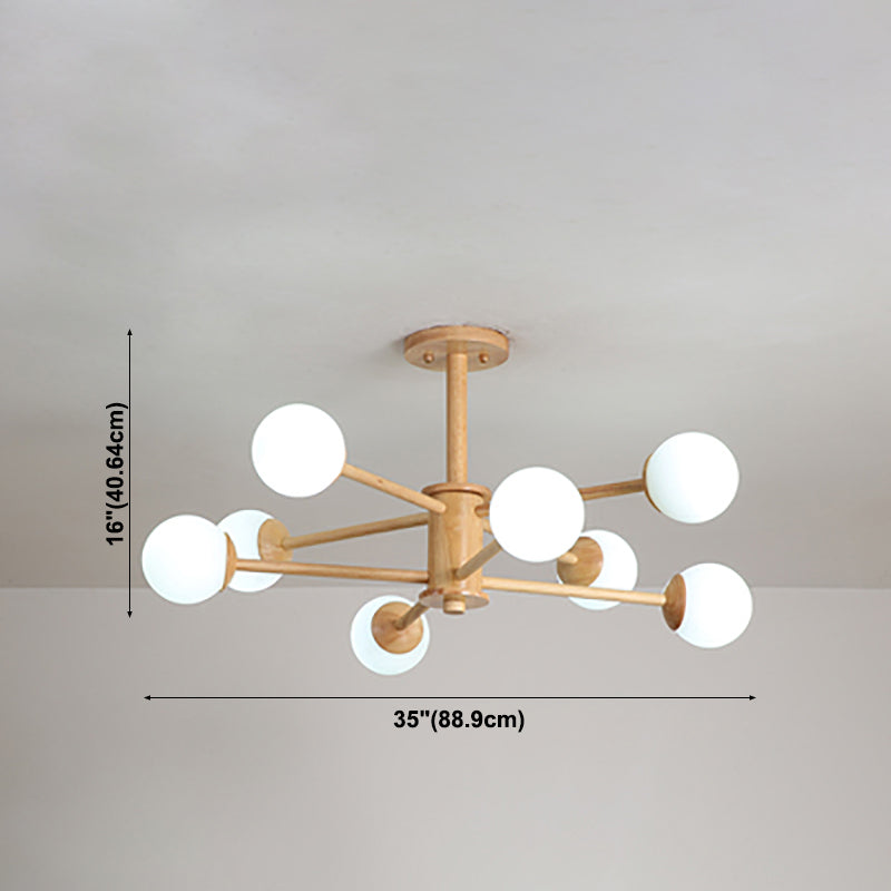 Multi Light Wood Chandelier Modern Globe Chandelier Lamp with White Glass for Living Room