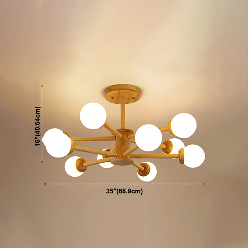 Multi Light Wood Chandelier Modern Globe Chandelier Lamp with White Glass for Living Room