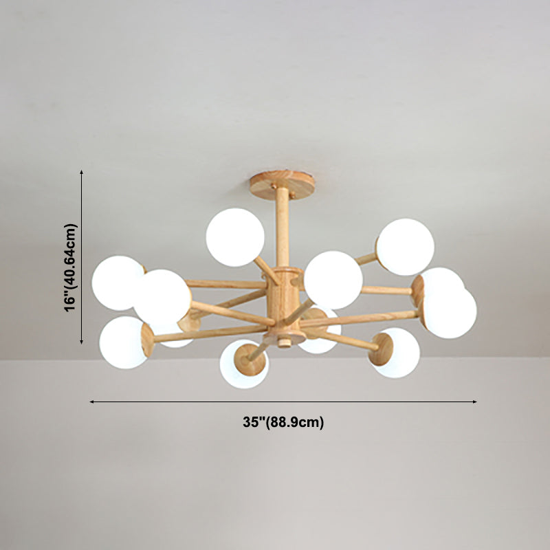 Multi Light Wood Chandelier Modern Globe Chandelier Lamp with White Glass for Living Room