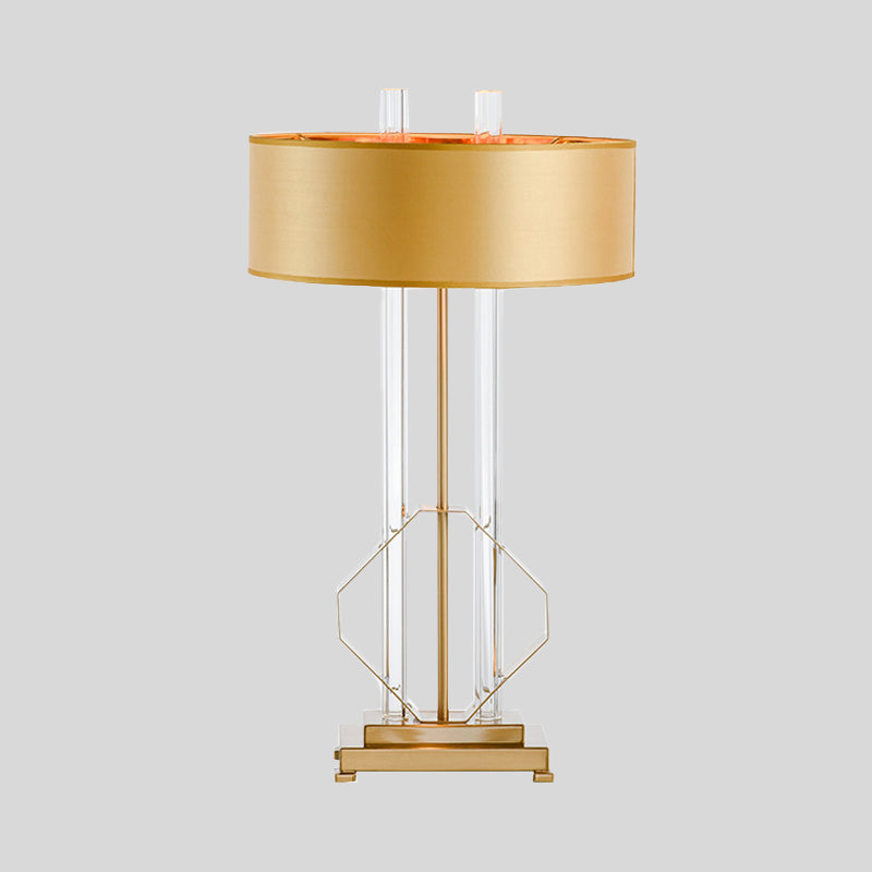 Lampada da tavolo con paralume dritto, illuminazione da lavoro in tessuto modernista, 1 lampadina, lampada da lettura in oro