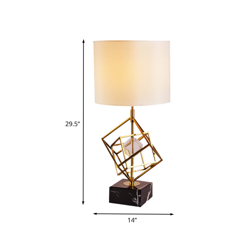 Eigentijdse studielamp met 1 kop, gouden cilinder leesboeklamp met stoffen kap