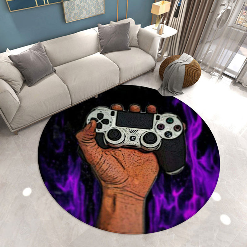 Round Game Controller Print Rug Polyester Casual Carpet Non-Slip Backing Area Rug for Living Room