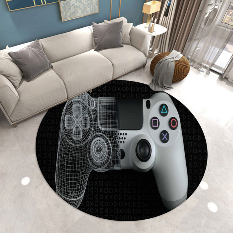 Round Game Controller Print Rug Polyester Casual Carpet Non-Slip Backing Area Rug for Living Room