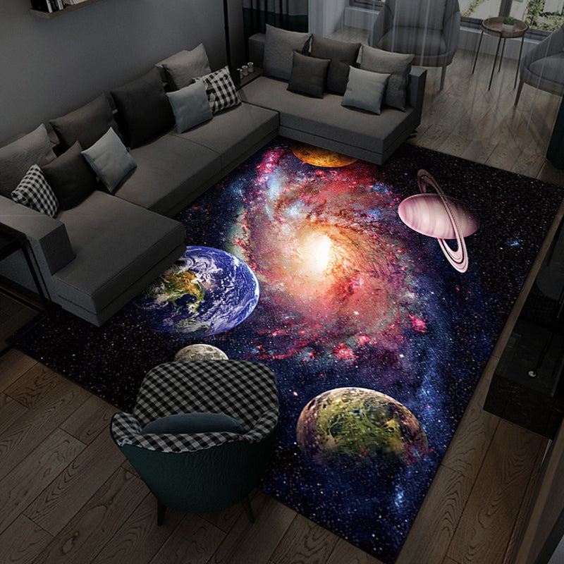 Black Modern Rug Polyester Planet Indoor Rug Stain Resistant Rug for Home Decor
