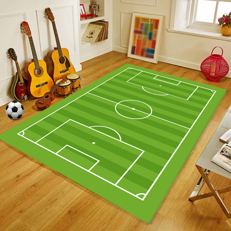 Green Living Room Rug Soccer Field Pattern Polyester Area Carpet Non-Slip Backing Area Rug