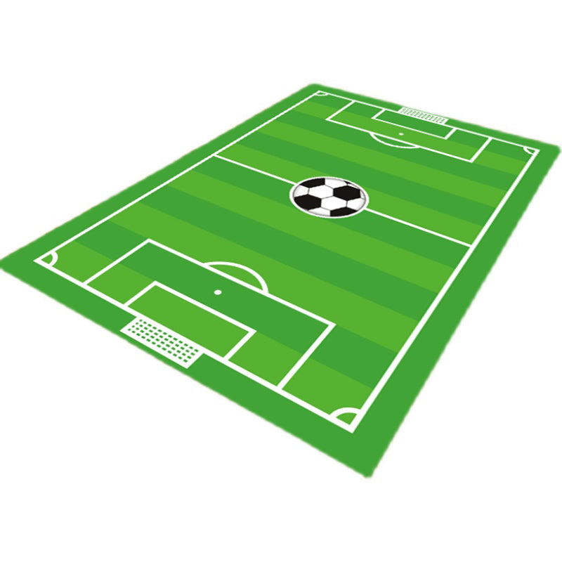 Green Living Room Rug Soccer Field Pattern Polyester Area Carpet Non-Slip Backing Area Rug