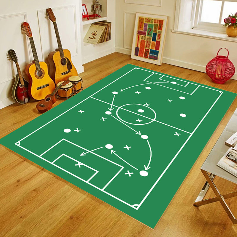 Green Living Room Rug Soccer Field Pattern Polyester Area Carpet Non-Slip Backing Area Rug