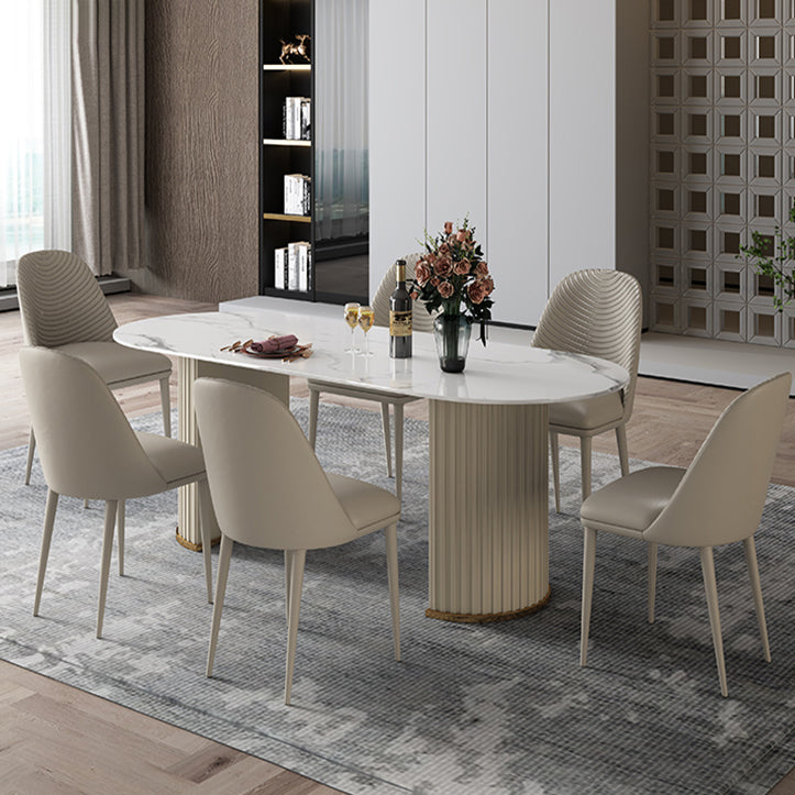 Mesa de comedor de piedra sinterizada glamorosa de sinterización de mesa de comedor estándar con bases de pedestal doble