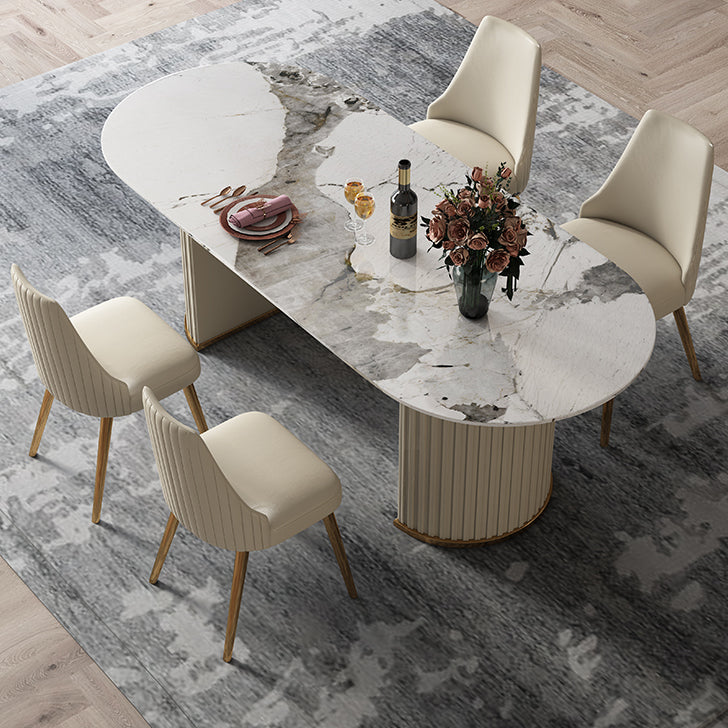 Mesa de comedor de piedra sinterizada glamorosa de sinterización de mesa de comedor estándar con bases de pedestal doble