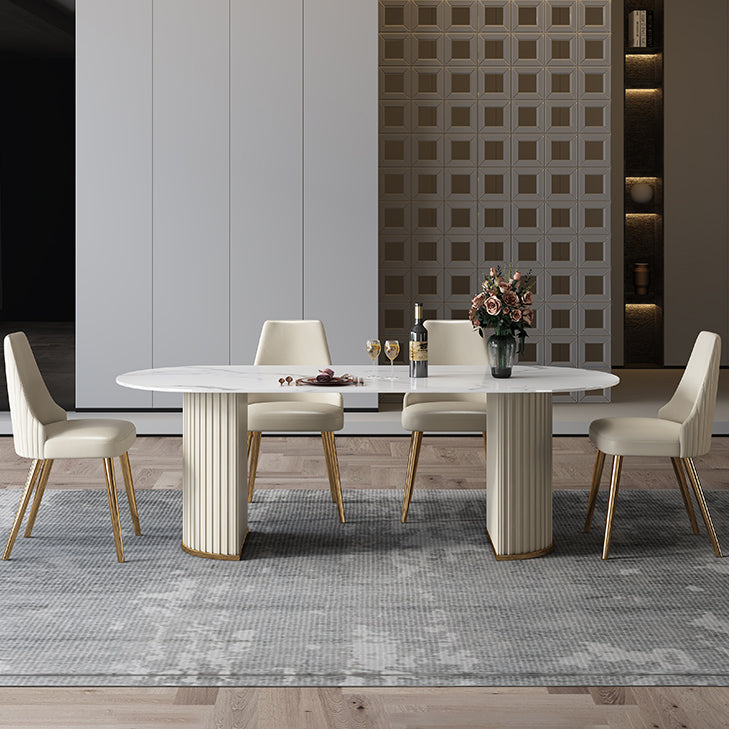 Mesa de comedor de piedra sinterizada glamorosa de sinterización de mesa de comedor estándar con bases de pedestal doble