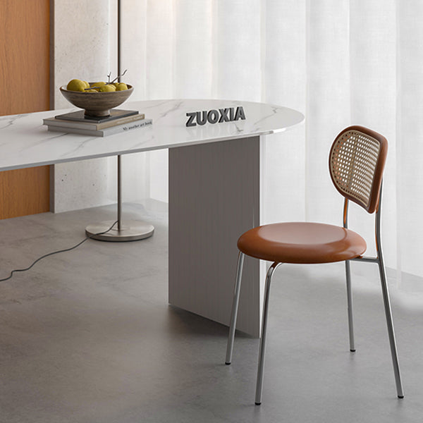 Free Form Sintered Stone Table White Tone Simplicity Double Pedestal Table for Dining Room