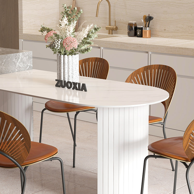 Free Form Sintered Stone Table White Tone Simplicity Double Pedestal Table for Dining Room