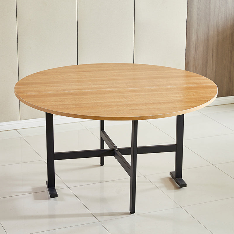 Metal Mid-Century Modern Round Table Wood Top Dining Table with Drop Leaf