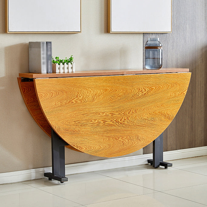 Metal Mid-Century Modern Round Table Wood Top Dining Table with Drop Leaf
