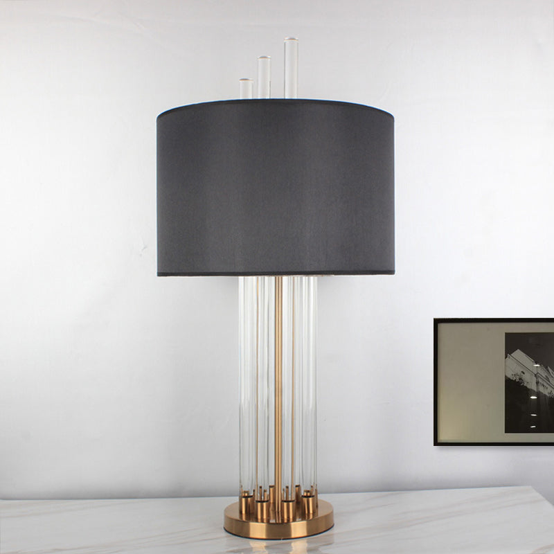 Modern Tubular Fabric Nightstand Lamp Clear Crystal 1 Bulb Reading Light in Gold