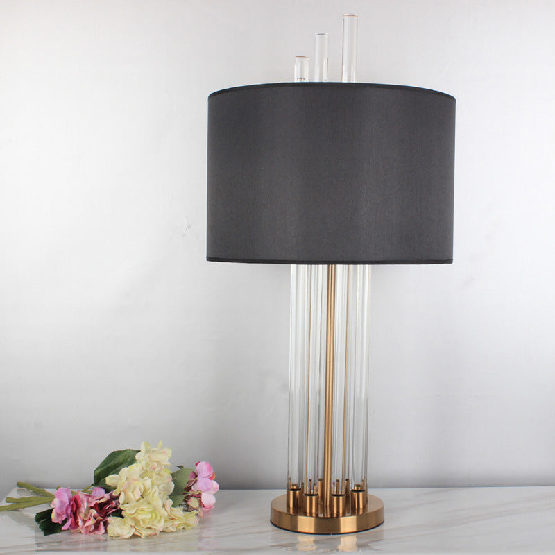 Modern Tubular Fabric Nightstand Lamp Clear Crystal 1 Bulb Reading Light in Gold