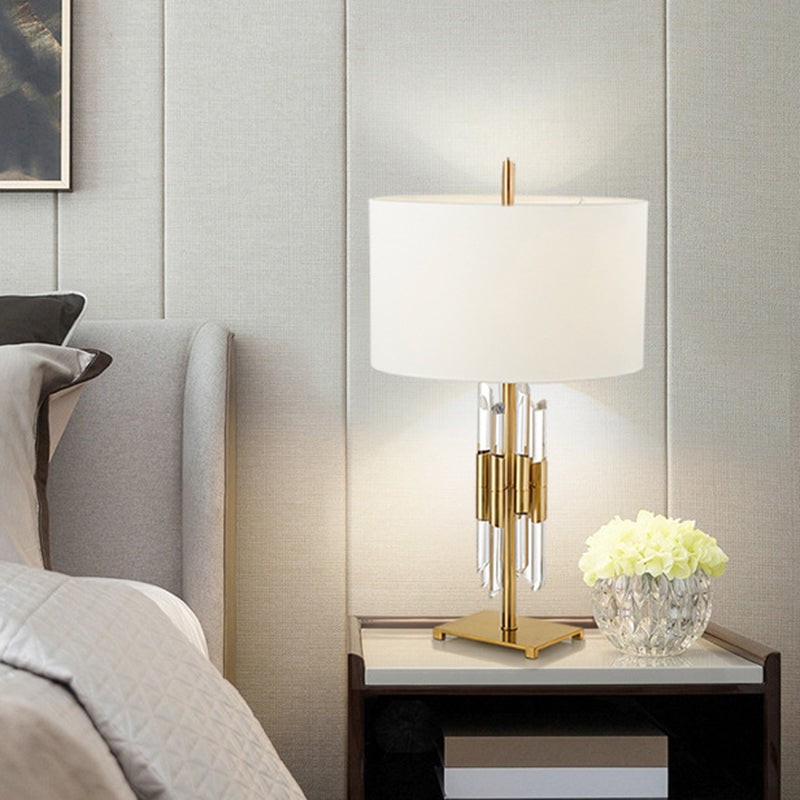 Stoffzylinderschischtisch Lampe moderne 1 Kopf weiße Tischlicht, Rechteckgold Metall Basis