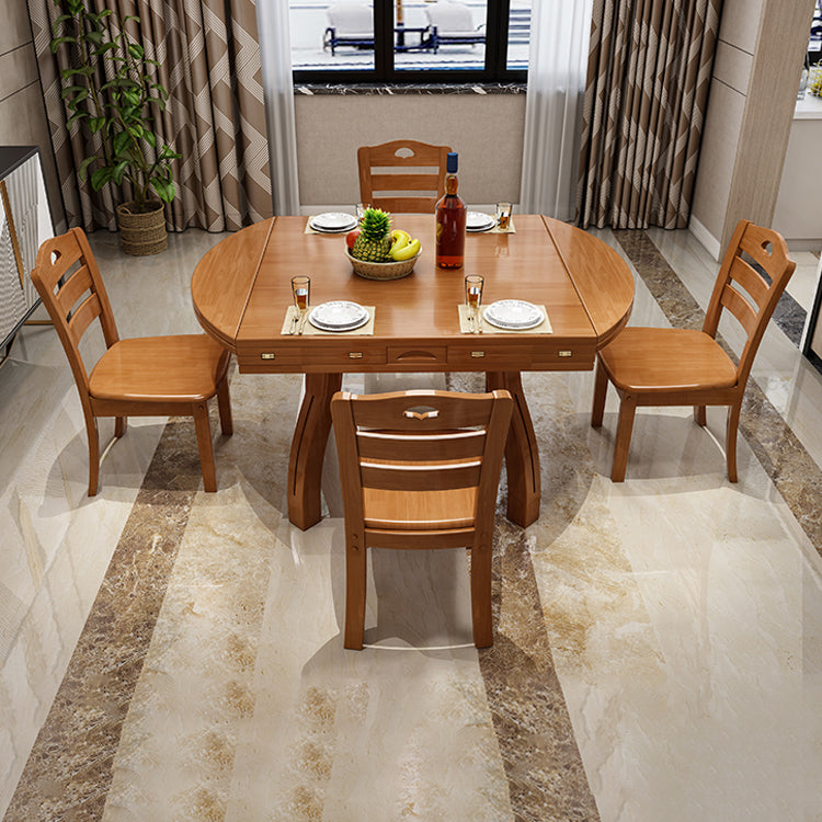 Modern Rubberwood Dinner Table Round 4 Legs Drop-Leaf Table for Home Use