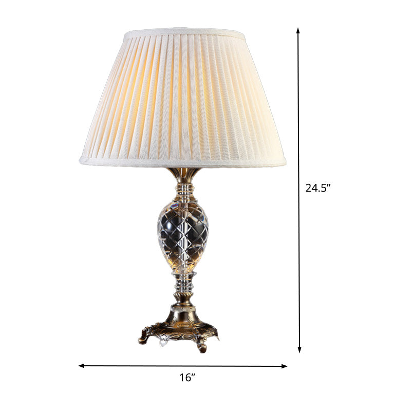 Cream Gray Pleated Table Light Modern 1 Bulb Fabric Desk Lamp, Bronze Carved Metal Base