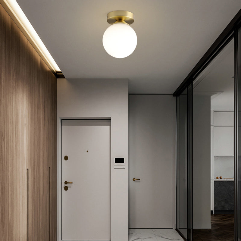 Modern Concise Flush Mount Copper Globe Ceiling Light with White Glass Shade