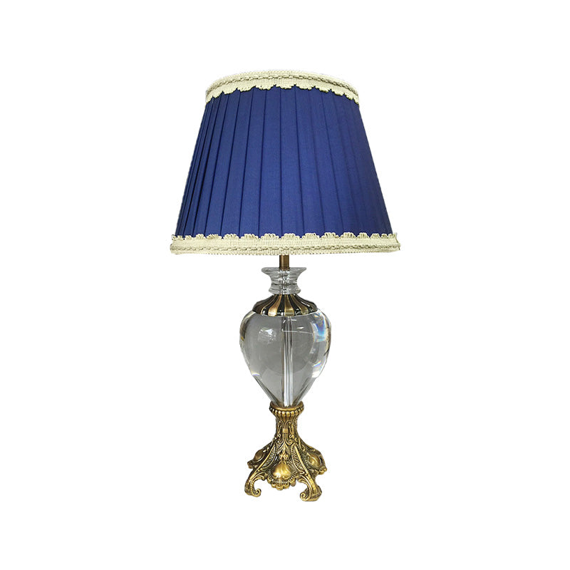 Lampe d'étude de cône Tissu moderne 1 ampoule Blue Table Lumière, base métallique en laiton sculpté