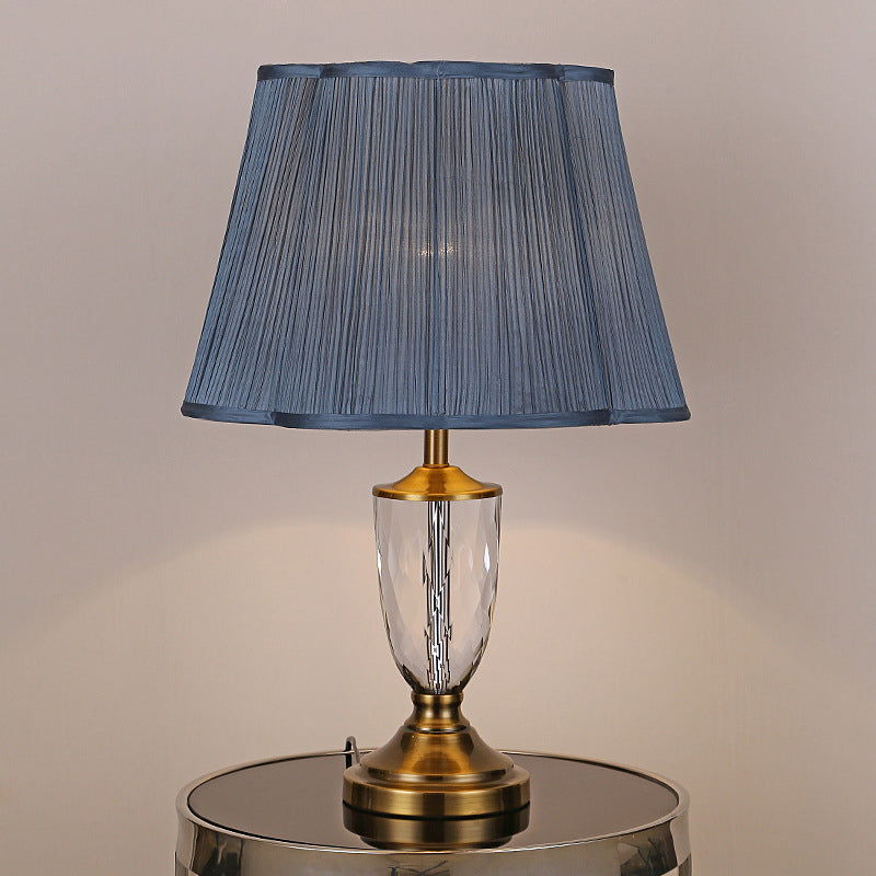 Modernist Cup Fabric Table Light Hand-Cut Crystal 1 Bulb Small Desk Lamp in Blue