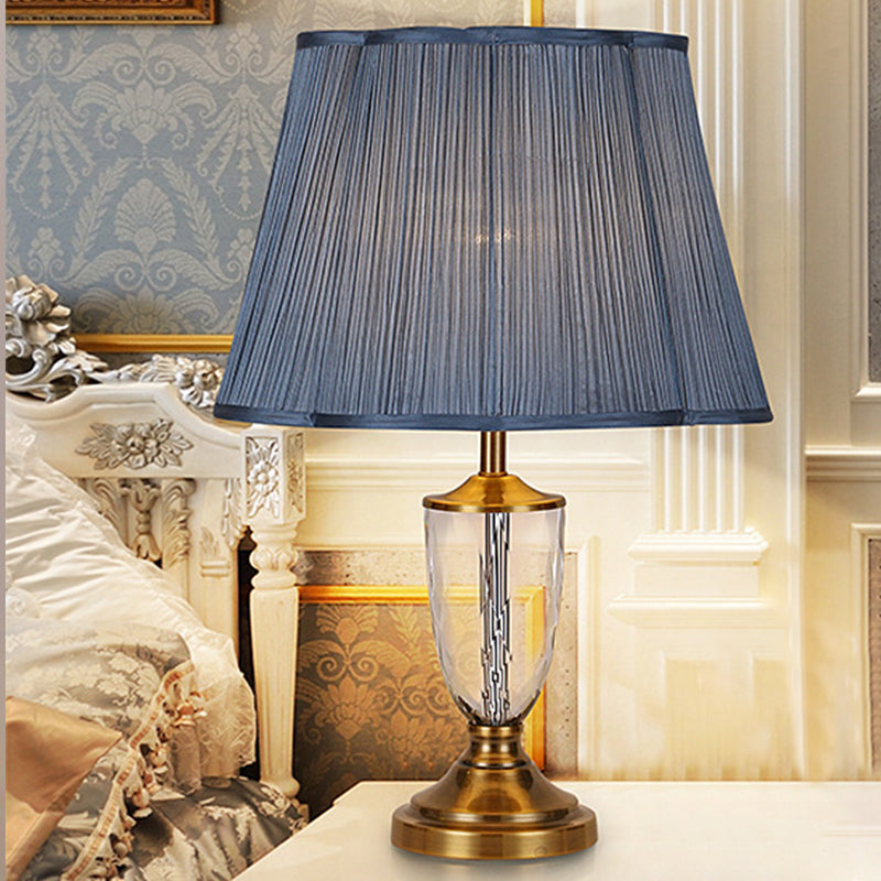 Modernist Cup Fabric Table Light Hand-Cut Crystal 1 Bulb Small Desk Lamp in Blue