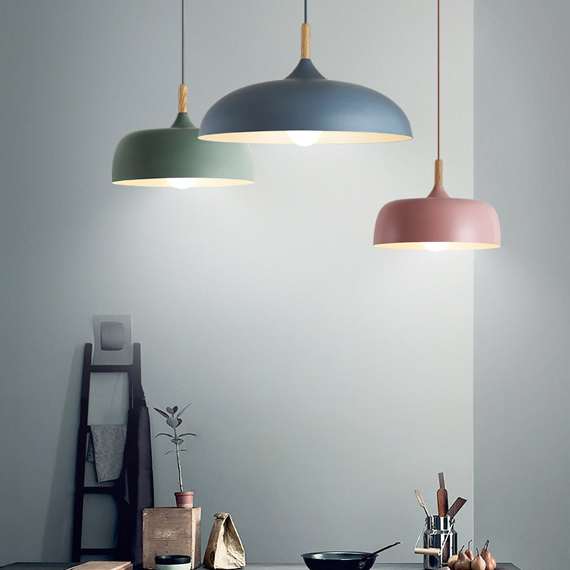 Wooden Macaron Pendant Light in Modern Creative Style Wrought Iron Dome Hanging Lamp for Dining Room