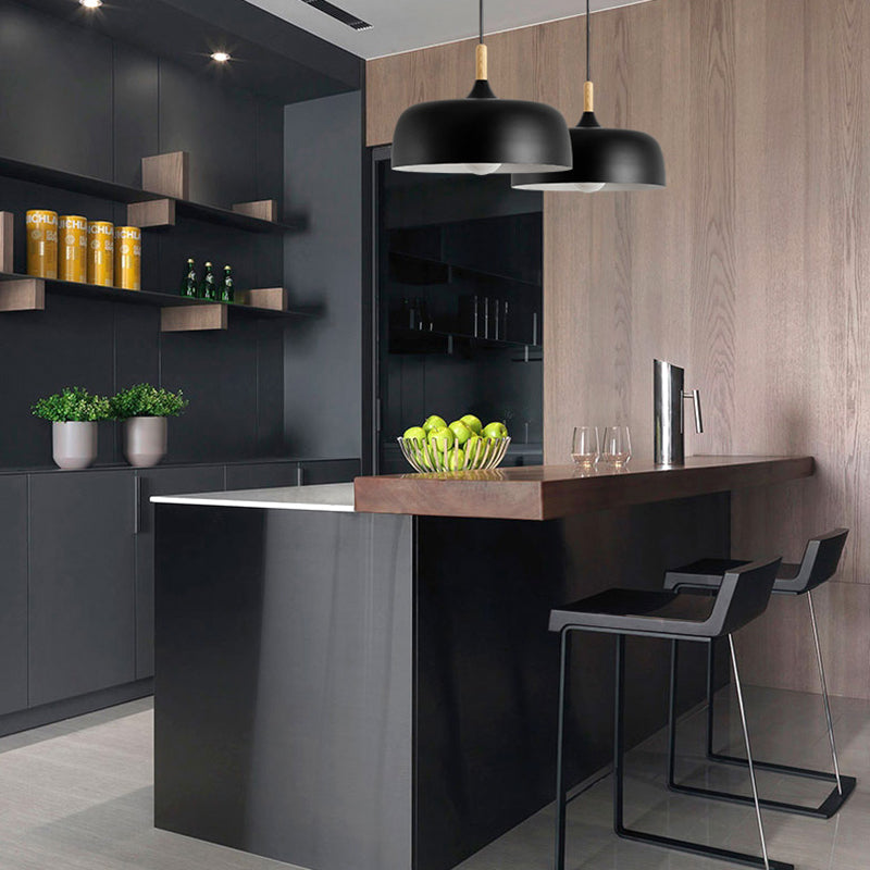 Wooden Macaron Pendant Light in Modern Creative Style Wrought Iron Dome Hanging Lamp for Dining Room