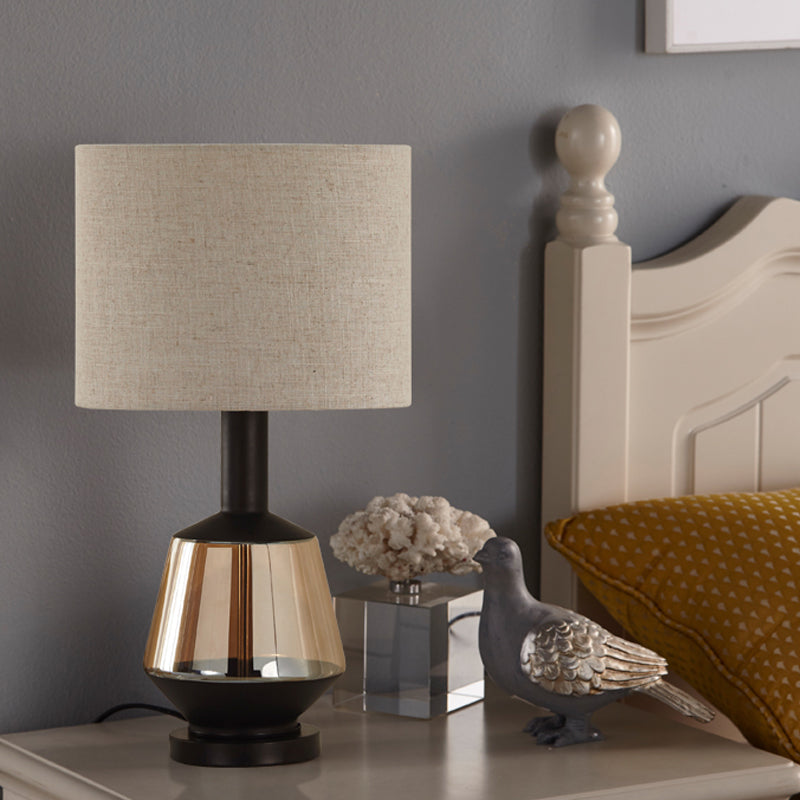 White/Beige Cylinder Fabric Nightstand Light Modern 1 Head Amber Glass Night Table Lamp for Living Room