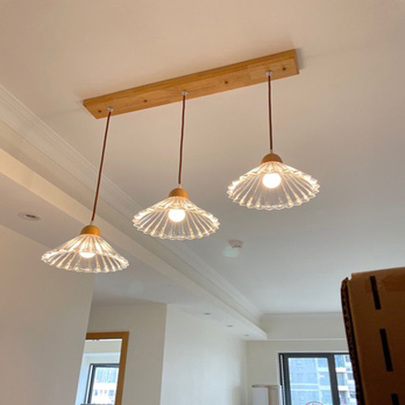 Modern beknopte kegel hanger licht houten hanglamp met 3 lichten met glazen schaduw