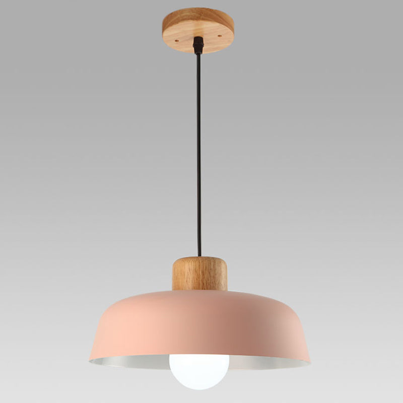 Modern Creative Single Pendant Light Wooden Dome Macaron Hanging Lamp with Iron Shade