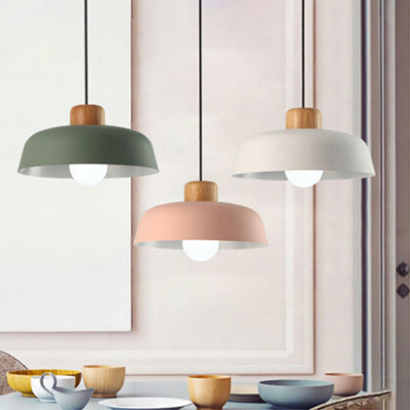 Modern Creative Single Pendant Light Wooden Dome Macaron Hanging Lamp with Iron Shade