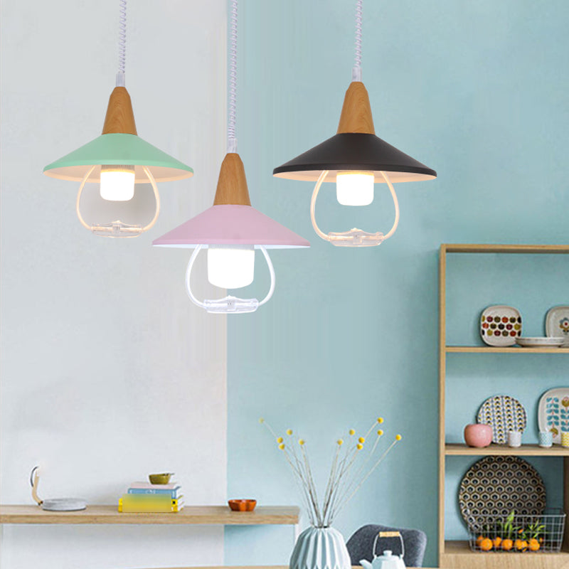 Modern Nordic Macaron Hanging Lamp Wooden Tapered Pendant Light with Aluminium Shade