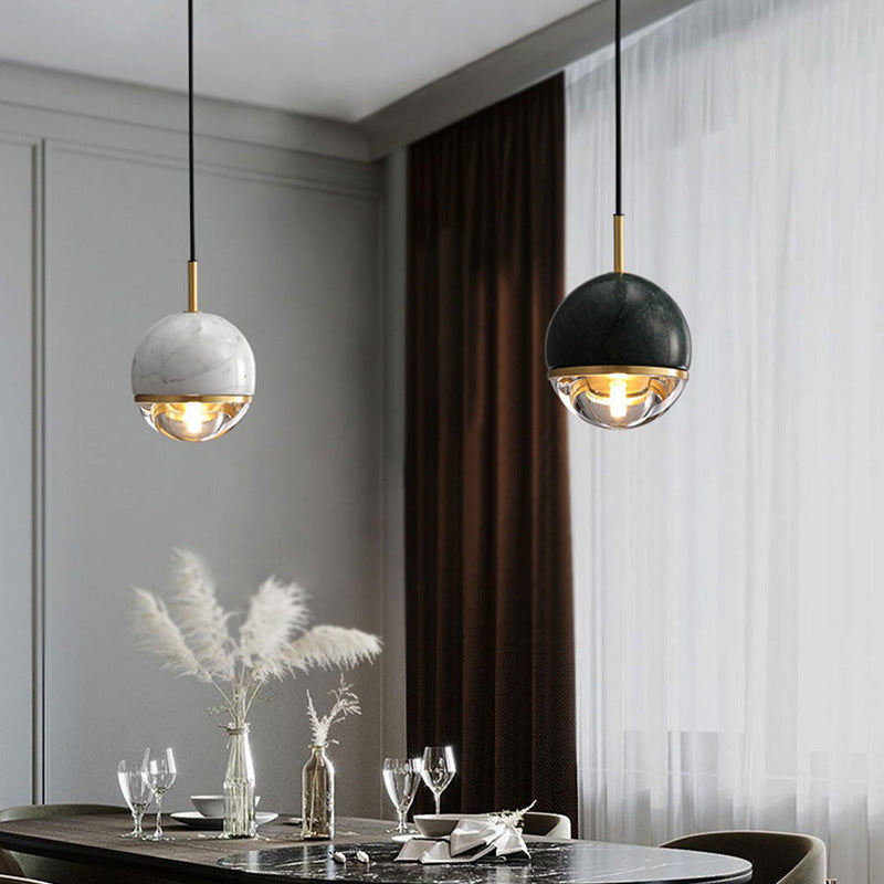 Modern Style Spherical Hanging Light All Copper Marble 1 Light Pendant Lamp for Bedside