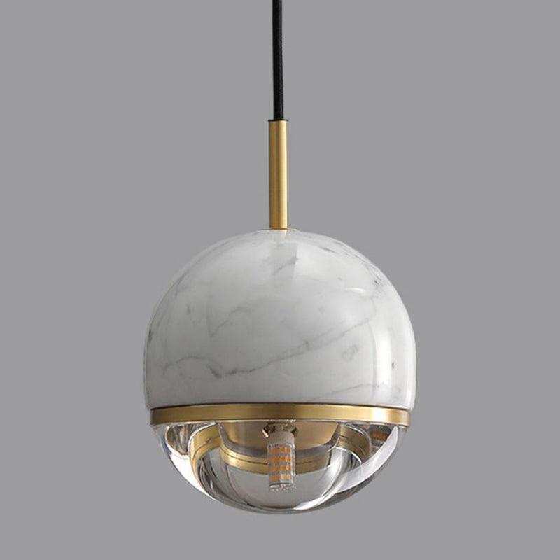 Modern Style Spherical Hanging Light All Copper Marble 1 Light Pendant Lamp for Bedside