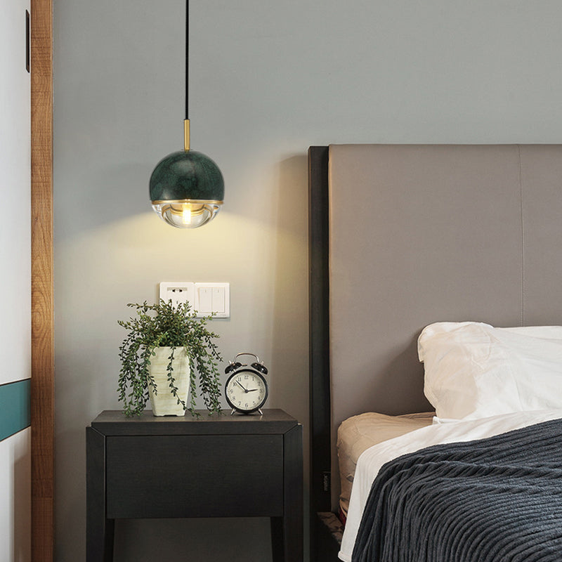 Modern Style Spherical Hanging Light All Copper Marble 1 Light Pendant Lamp for Bedside
